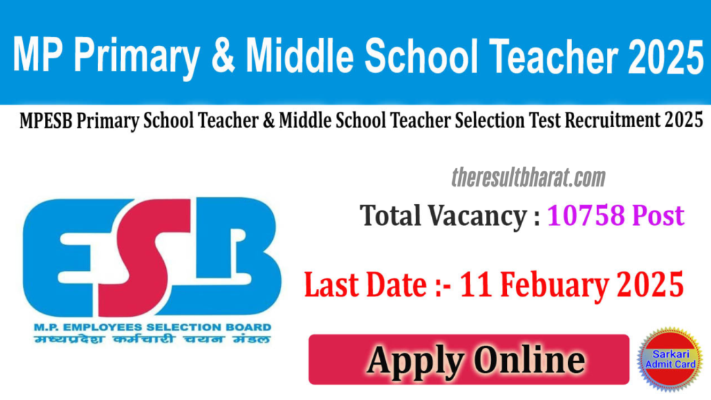 MPESB Primary School Teacher & Middle School Teacher Selection Test Recruitment Online Form 2025 (Re-Open)